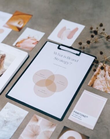 Flat lay of brand strategy clipboard with Pantone cards and aesthetic images on desk.